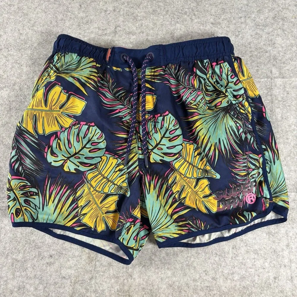 Superdry Swim Trunks Tropical Foilage Blue Green Yellow Pink Mens Medium EUC